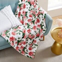 50"x70" Blooming Roses Plush Reversible Throw Blanket White - Betseyville