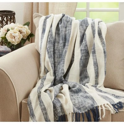 Saro Lifestyle Saro Lifestyle Cotton Throw With Banded Design, Navy Blue, 50"x60" 6 Saro Lifestyle Saro Lifestyle Cotton Throw With Banded Design, Navy Blue, 50"x60" - Image 4