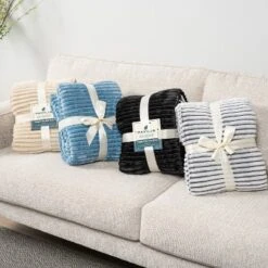 PAVILIA Soft Thick Fleece Flannel Ribbed Striped Throw Blanket, Luxury Fuzzy Plush Warm Cozy For Sofa Couch Bed -Home Textiles Store GUEST 3282114d a9bf 4d4b 987c 940d7e2106e0