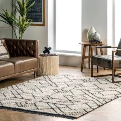 5'3"x7'6" Carlina Modern Geometric Soft Shag Fringe Area Rug Beige - NuLOOM