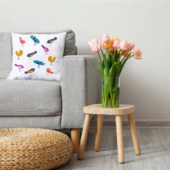 16"x16" Tweets Square Throw Pillow Teal - E By Design: Indoor Bird Pattern, Farmhouse Decor Style