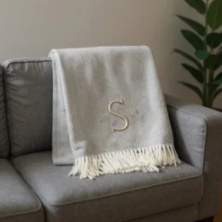 HomeRoots 55" X 70" Gray And White Herringbone Cotton Blend S Initial Throw Blanket With Tassels And Embroidery