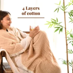 Folkulture Throw Blanket, 50" X 60" 4 Layered 100% Cotton Reversible Throws For Couch, Chair, Bed Or Sofa (Beige And Off-White) -Home Textiles Store GUEST db5306ba 20d0 4b5a 890c 646801bdbf91