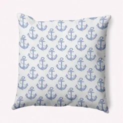 E By Design Anchor Pattern Decorative Throw Pillow Light Blue: Nautical Theme, Indoor Square Cushion, Twill Polyester